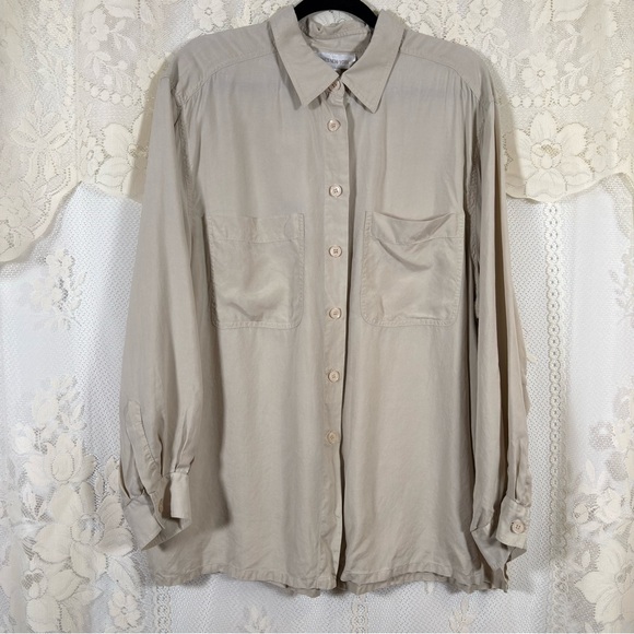 Vintage Silk Button Down Blouse Taupe Cream Minimalist Luxury Size 2X Large - Picture 2 of 9